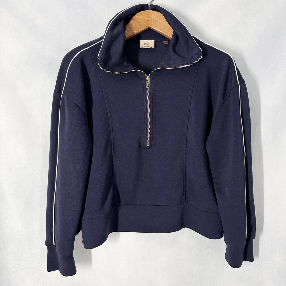 Elie Tahari Long Sleeve Navy Pullover Cropped Sweatshirt Women's Size Large